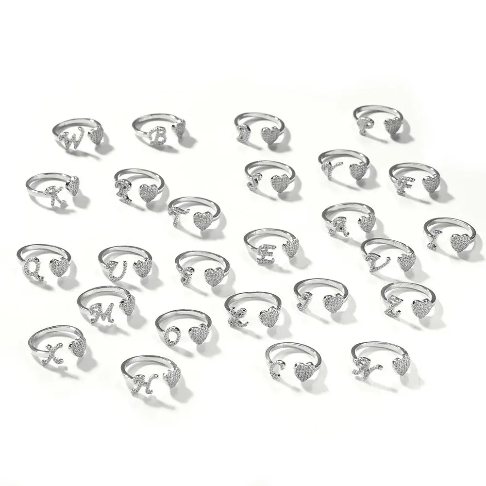 Initial Rings for Women Girls - Adjustable Letter A-Z Initial Ring Dainty Heart Zirconia Rings for Women Teen Girl Gifts