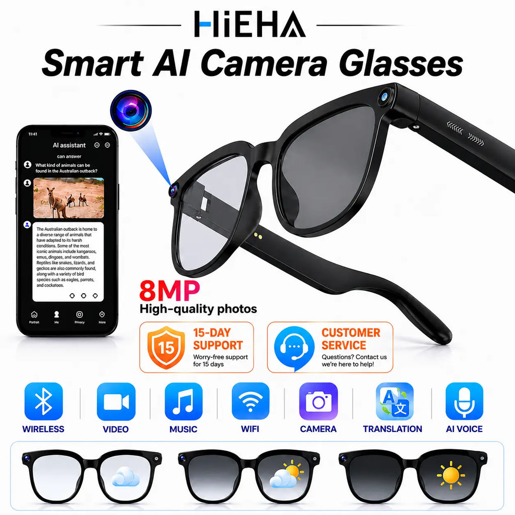 HIEHA 2026 New AI Smart Glasses - 8MP Camera, Photo & Video Recording, Open-Ear HD Audio, Bluetooth Calls & Music Support, UV Protection, Multi-Language Translation, Ideal for Travel & Outdoor Adventures