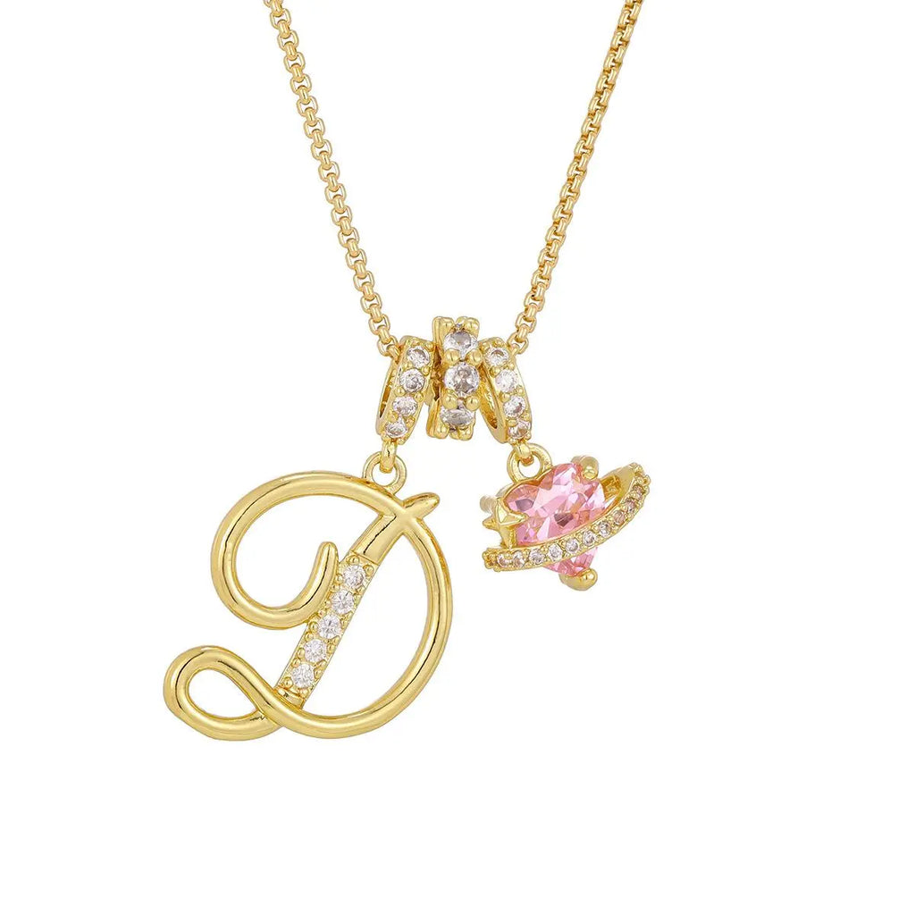DH Initial Heart Necklace for Women Pink Cubic Pendant Letter Diamond Plated Fashion Jewelry Gift for Holiday Christmas Birthdays Anniversaries Elegant Design High Sense Aesthetic