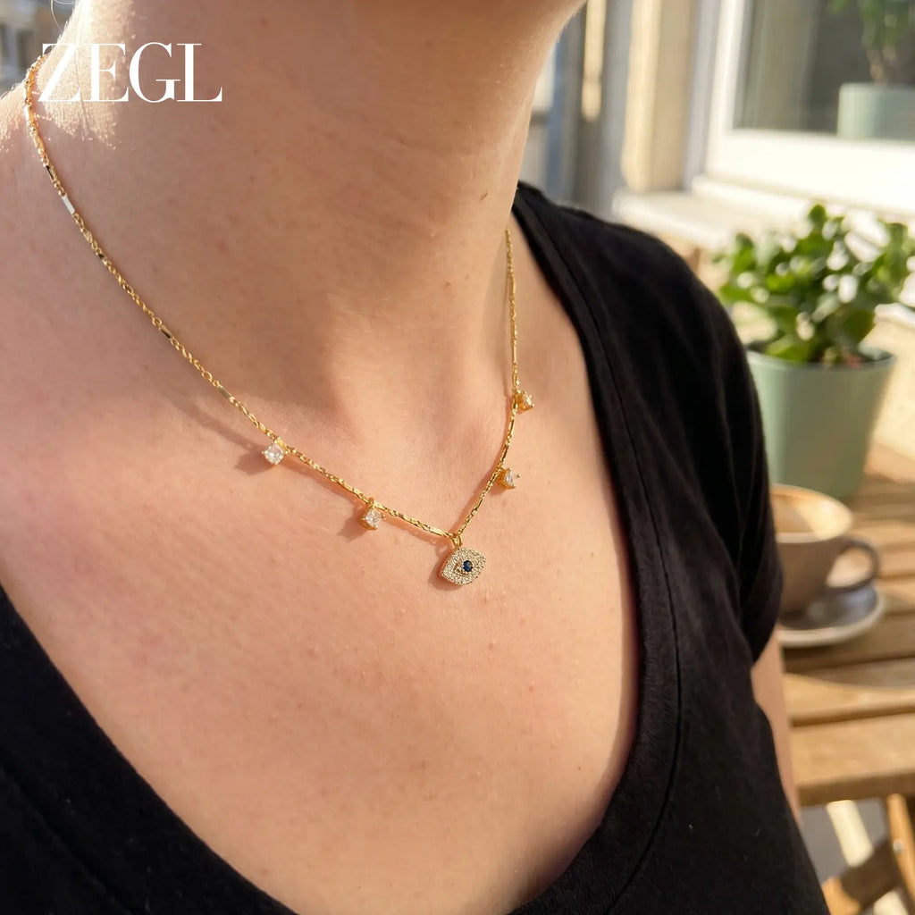 ZEGL 14K Gold Layering Bracelet & Necklace Set (Women'S) — Gold-Plated Textured Chain with Micro-Set Crystal Pendant; a Lucky Talisman and Stylish Gift for 2026 Trends