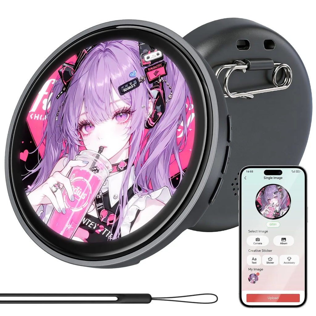 Digital Anime Badge, 1.85-Inch Retina HD Touchscreen, 360×360 Resolution, Peer-To-Peer Wireless Sharing, Customizable Gif/Video Display, Electronic Pin for Anime Conventions, Concerts, Sports Games, Holiday Gifts