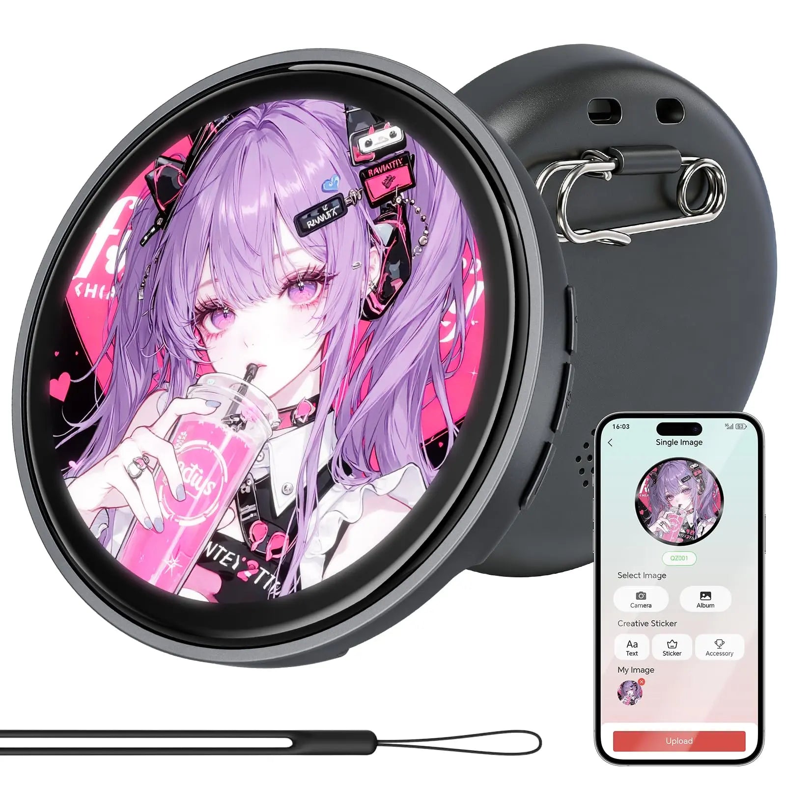 Digital Anime Badge, 1.85-Inch Retina HD Touchscreen, 360×360 Resolution, Peer-To-Peer Wireless Sharing, Customizable Gif/Video Display, Electronic Pin for Anime Conventions, Concerts, Sports Games, Holiday Gifts