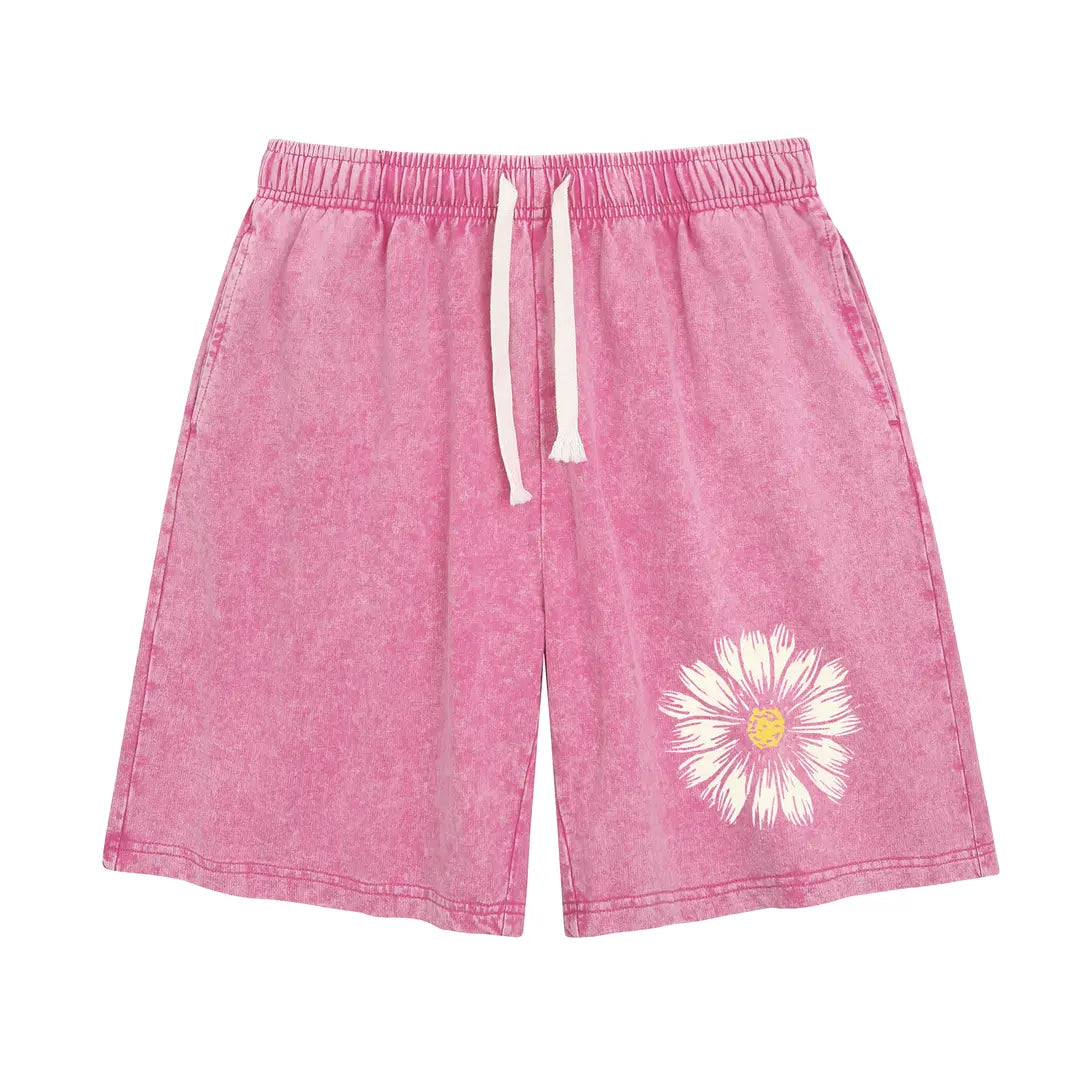Holafish Summer Vintage Printed Acid Wash Sweat Shorts, Unisex Casual Streetwear Bottoms with Drawstring and Convenient Pockets Baggy Comfy