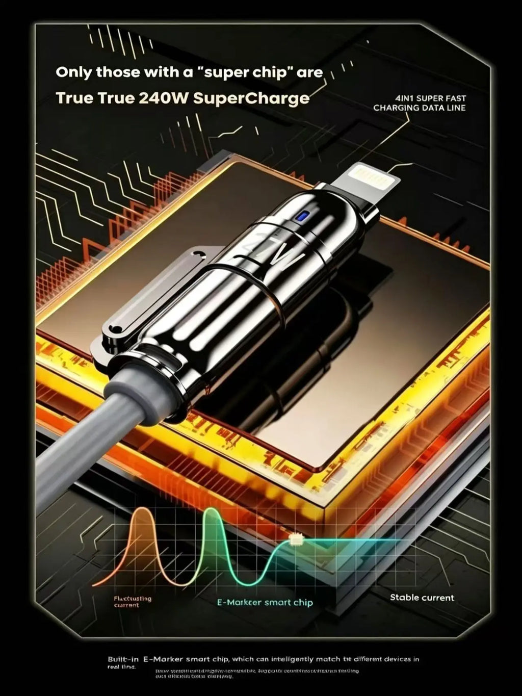 240W 4-In-1 Fast Charging Cable - USB-A, Type-C, Lightning Interfaces, 480Mbps Data Transfer, Liquid Silicone, Zinc Alloy Connector, 99% Compatibility for Electronic Devices (Iphone, Android, Laptops)