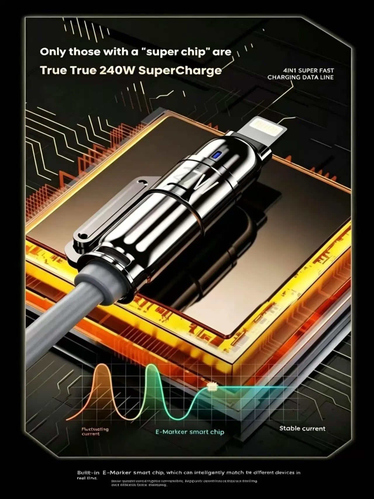 240W 4-In-1 Fast Charging Cable - USB-A, Type-C, Lightning Interfaces, 480Mbps Data Transfer, Liquid Silicone, Zinc Alloy Connector, 99% Compatibility for Electronic Devices (Iphone, Android, Laptops)