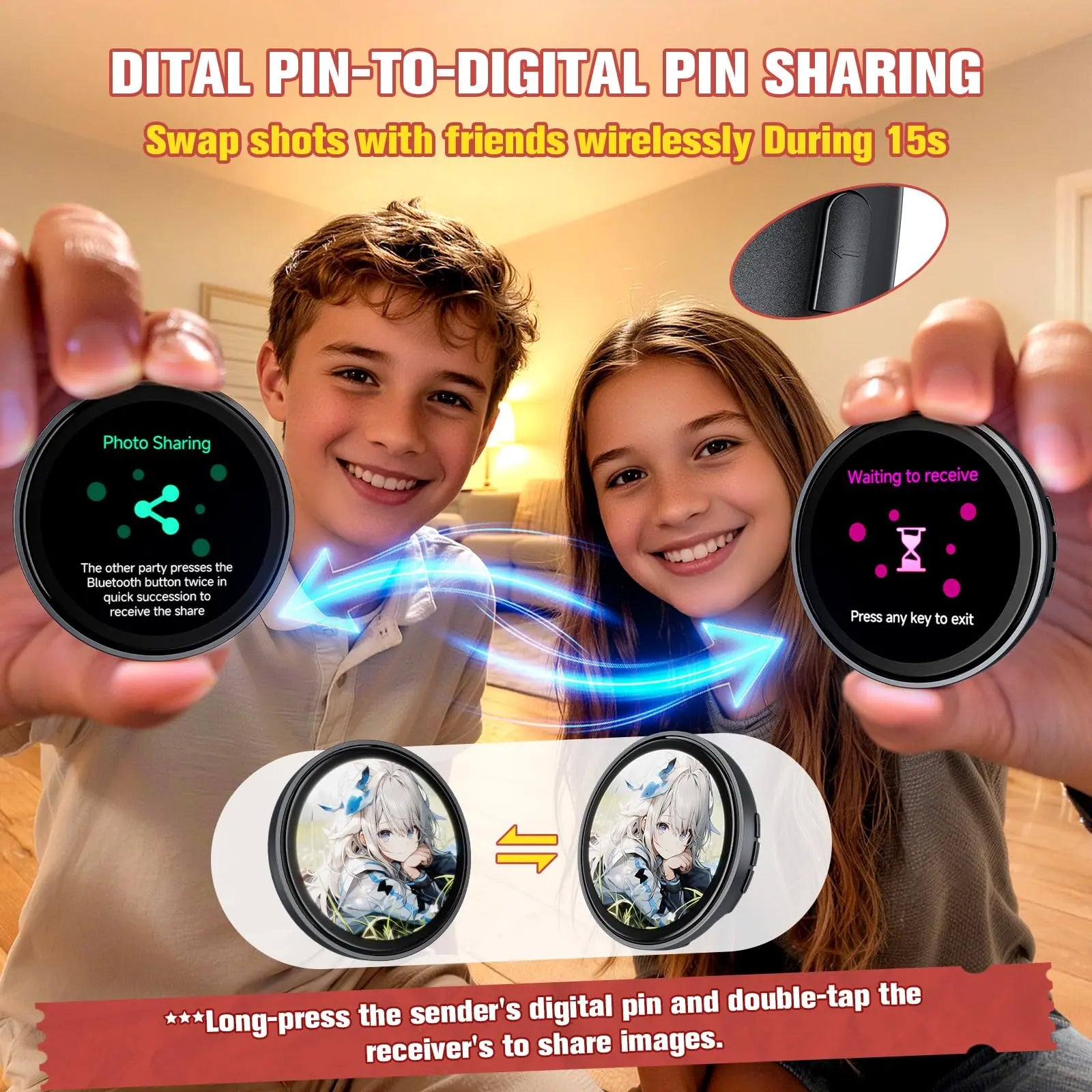 Digital Anime Badge, 1.85-Inch Retina HD Touchscreen, 360×360 Resolution, Peer-To-Peer Wireless Sharing, Customizable Gif/Video Display, Electronic Pin for Anime Conventions, Concerts, Sports Games, Holiday Gifts