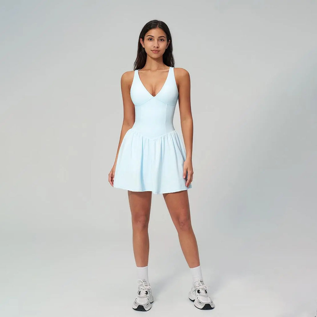 NVWA Women'S Summervibes Sexy V-Neck Strappy Sleeveless Athletic Cut Dress - Fitted Waist, Open-Back, Soft Stretch Nylon Fabric, Cooling Quick-Drying, Figure-Flattering for Casual Wear, Workouts, Dresses,Summerwins