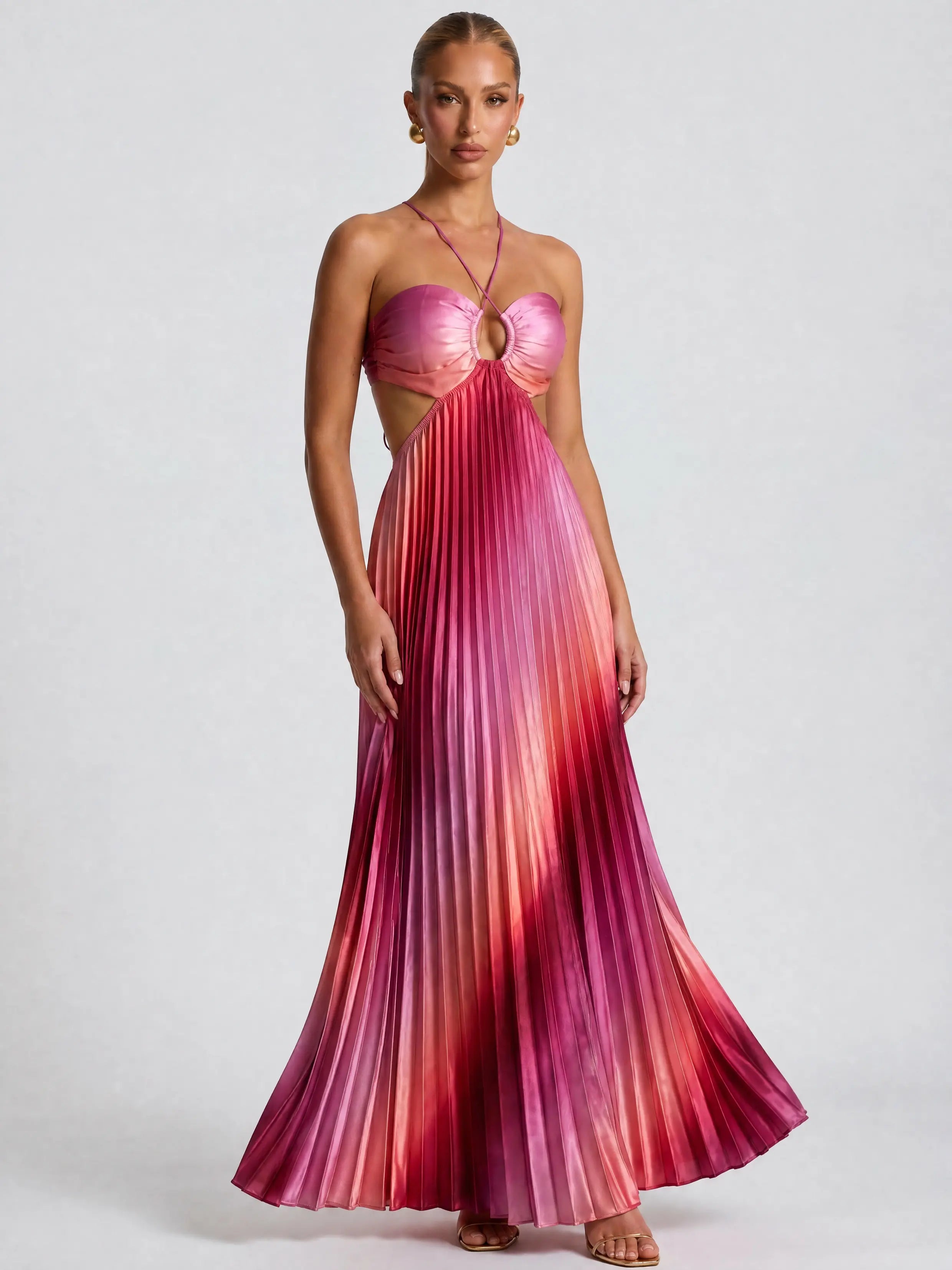 Likemychoice 2026 Halter Cutout Ombre Pleated Maxi Dress - Satin Party Vacation Gown