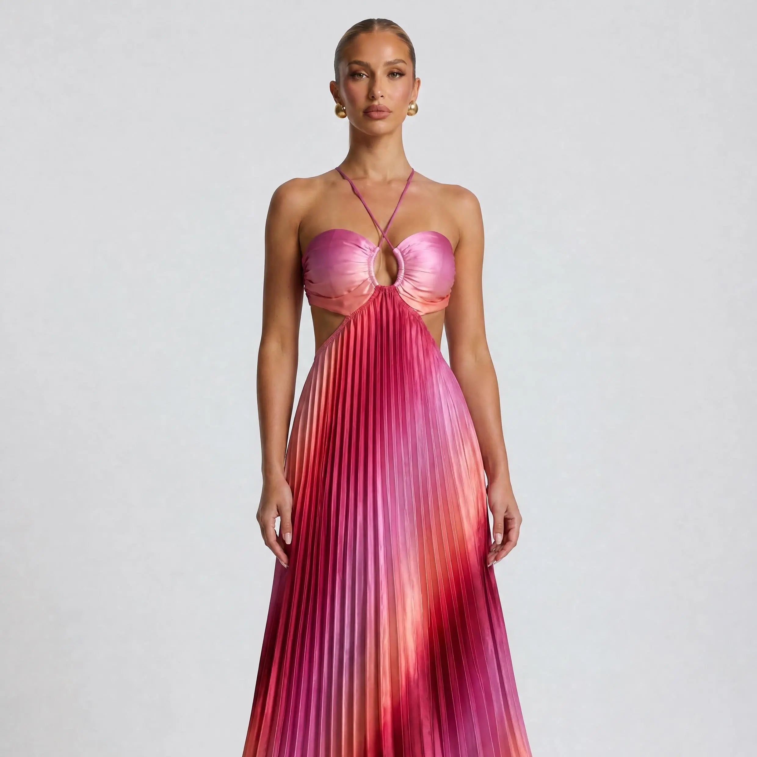 Likemychoice 2026 Halter Cutout Ombre Pleated Maxi Dress - Satin Party Vacation Gown