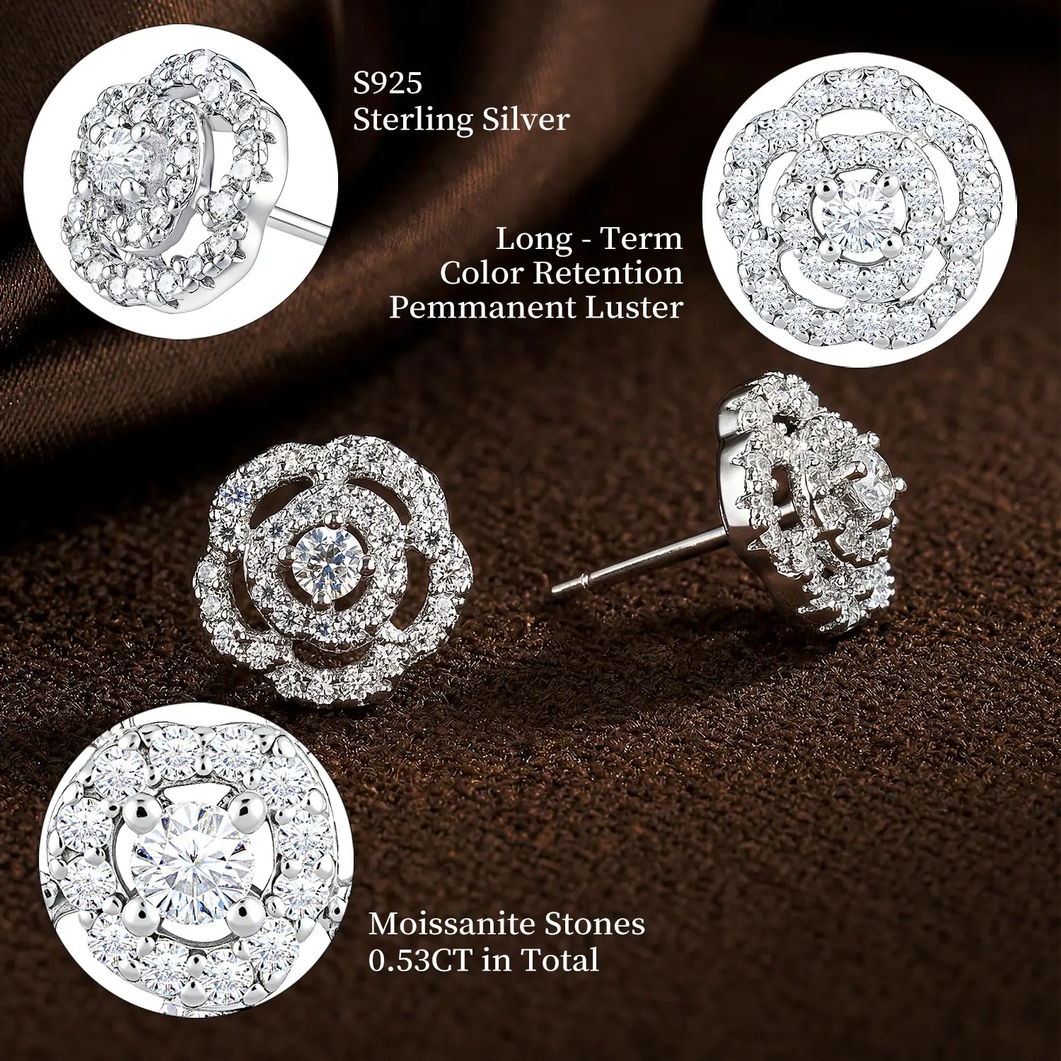 0.53Ct Double Halo Rose Flower Moissanite Stud Earrings D Color VVS1 S925 Sterling Silver Camellia Cluster Design Hypoallergenic Moissanite Jewelry Perfect Gift for Women Girls Birthday Mother'S Day Christmas Valentine'S Day Jewelry Box Included