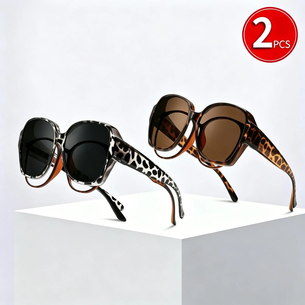Retro Over-Glasses Sunglasses 2 Pack, Oversized Fit-Over Shades for Men Women, Wear Alone or over Prescription Glasses, Driving & Travel