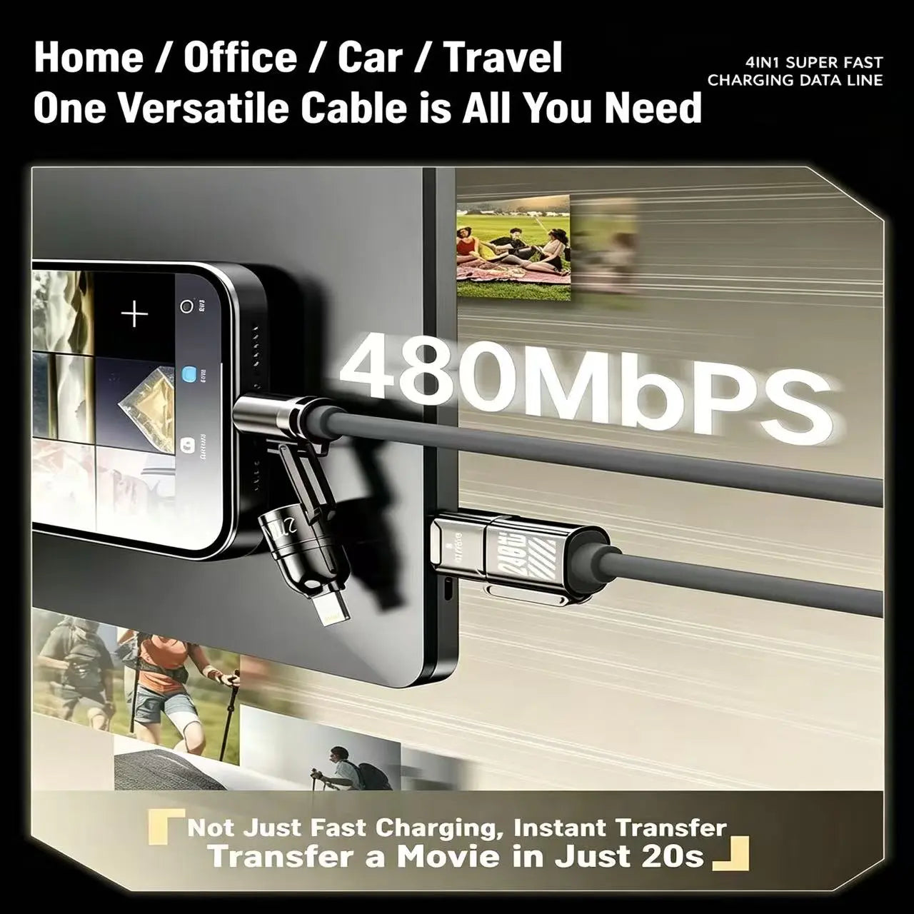 240W 4-In-1 Fast Charging Cable - USB-A, Type-C, Lightning Interfaces, 480Mbps Data Transfer, Liquid Silicone, Zinc Alloy Connector, 99% Compatibility for Electronic Devices (Iphone, Android, Laptops)