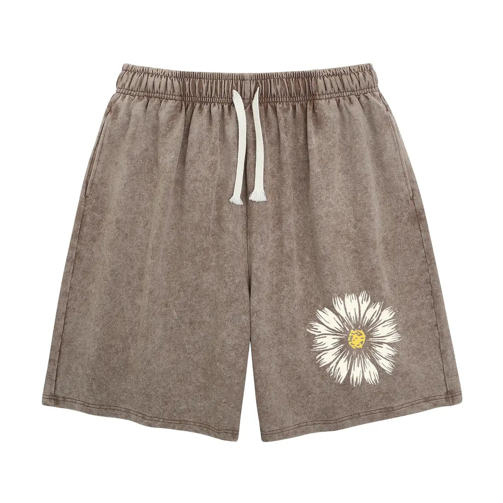 Holafish Summer Vintage Printed Acid Wash Sweat Shorts, Unisex Casual Streetwear Bottoms with Drawstring and Convenient Pockets Baggy Comfy