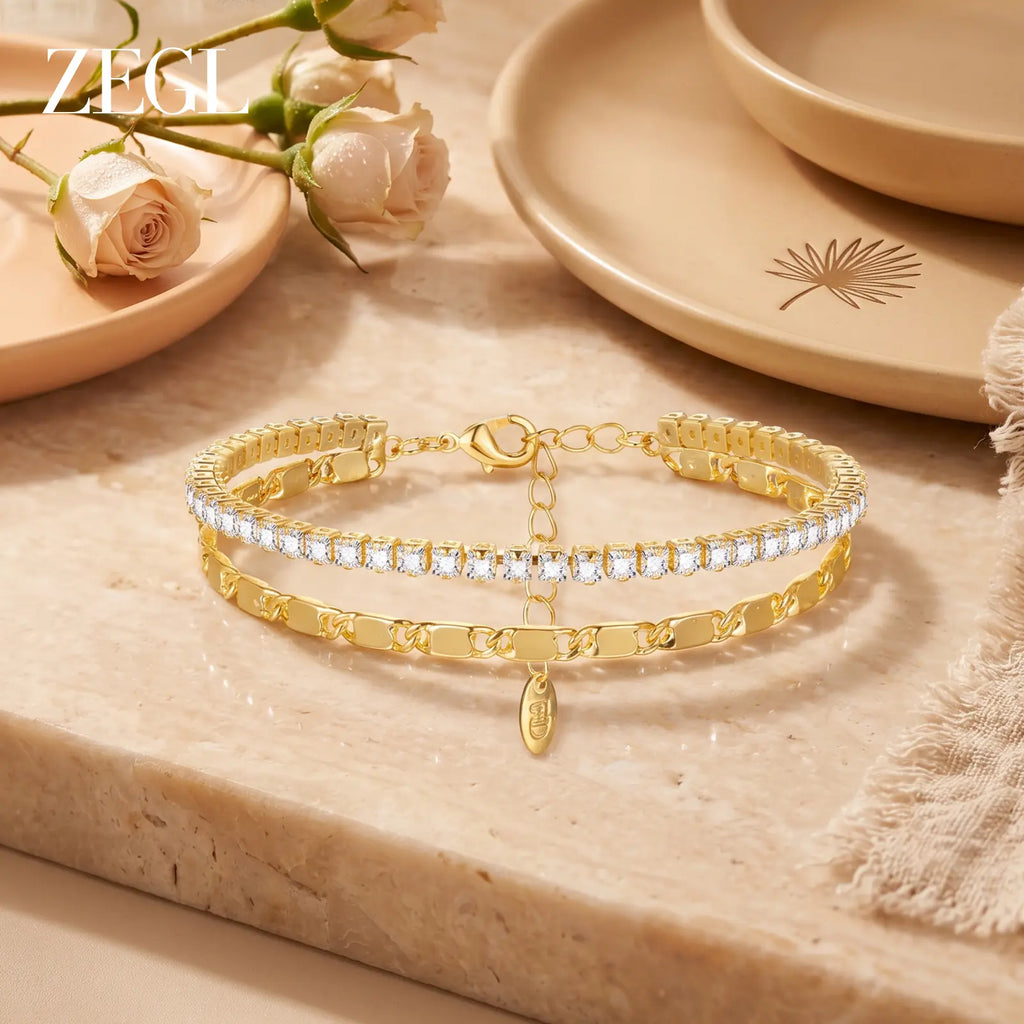 ZEGL 14K Gold Layering Bracelet & Necklace Set (Women'S) — Gold-Plated Textured Chain with Micro-Set Crystal Pendant; a Lucky Talisman and Stylish Gift for 2026 Trends