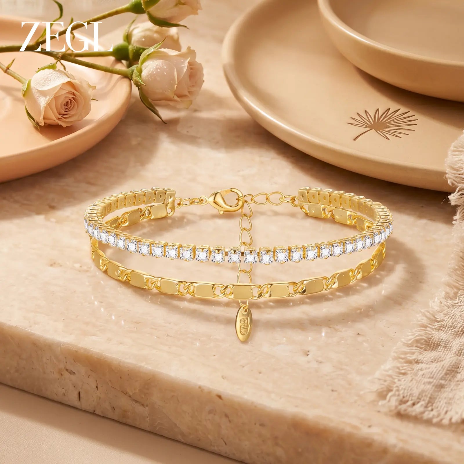 ZEGL 14K Gold Layering Bracelet & Necklace Set (Women'S) — Gold-Plated Textured Chain with Micro-Set Crystal Pendant; a Lucky Talisman and Stylish Gift for 2026 Trends