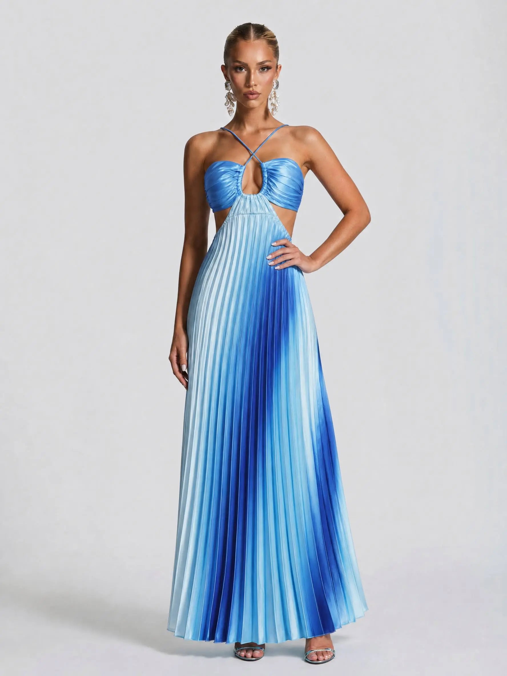 Likemychoice 2026 Halter Cutout Ombre Pleated Maxi Dress - Satin Party Vacation Gown