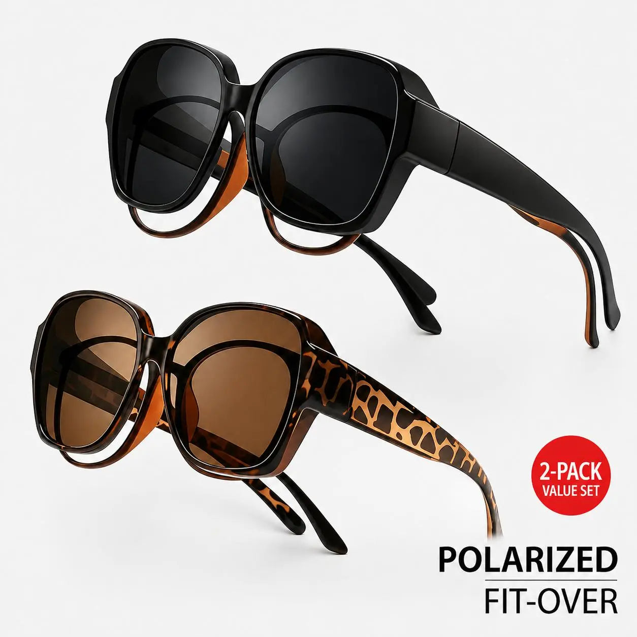 Retro Over-Glasses Sunglasses 2 Pack, Oversized Fit-Over Shades for Men Women, Wear Alone or over Prescription Glasses, Driving & Travel