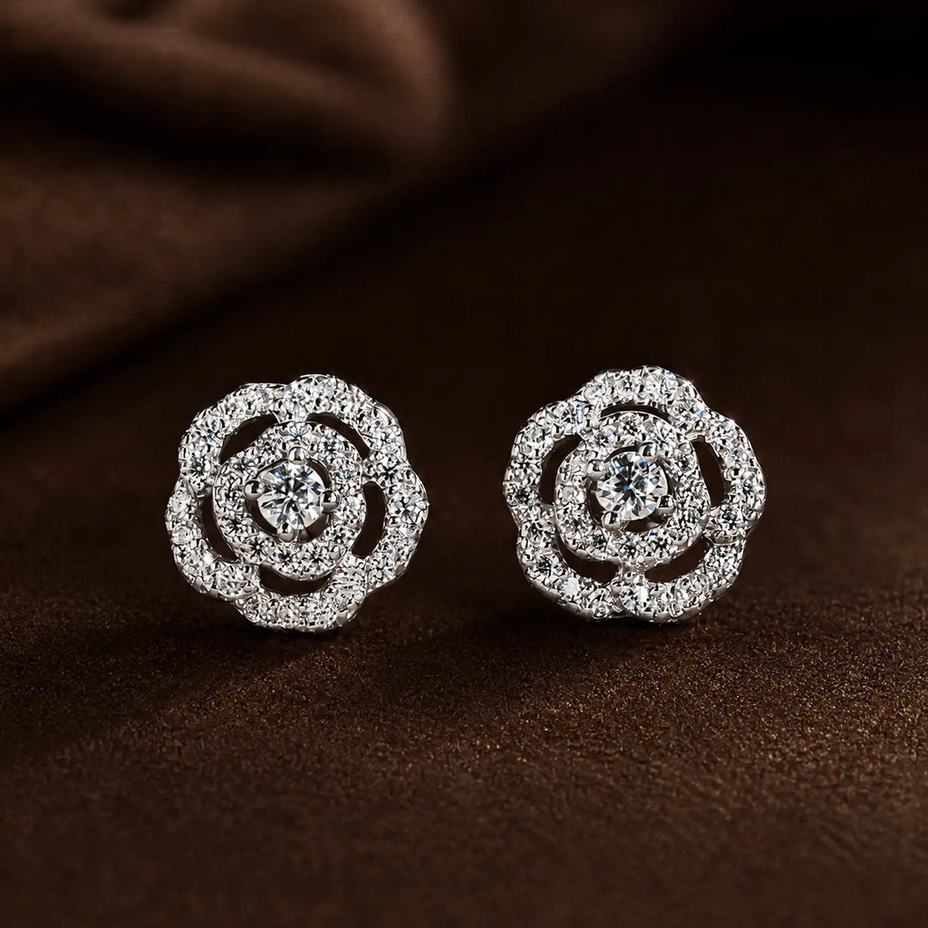 0.53Ct Double Halo Rose Flower Moissanite Stud Earrings D Color VVS1 S925 Sterling Silver Camellia Cluster Design Hypoallergenic Moissanite Jewelry Perfect Gift for Women Girls Birthday Mother'S Day Christmas Valentine'S Day Jewelry Box Included