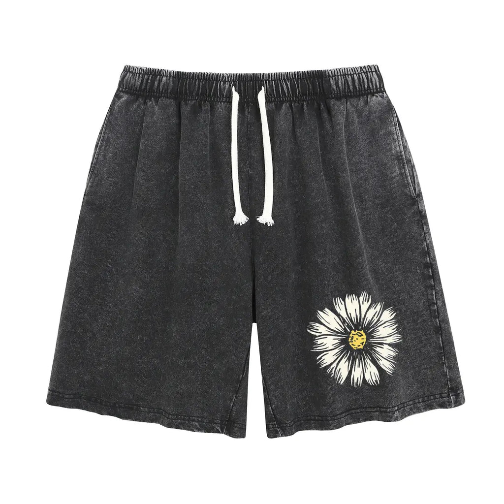 Holafish Summer Vintage Printed Acid Wash Sweat Shorts, Unisex Casual Streetwear Bottoms with Drawstring and Convenient Pockets Baggy Comfy