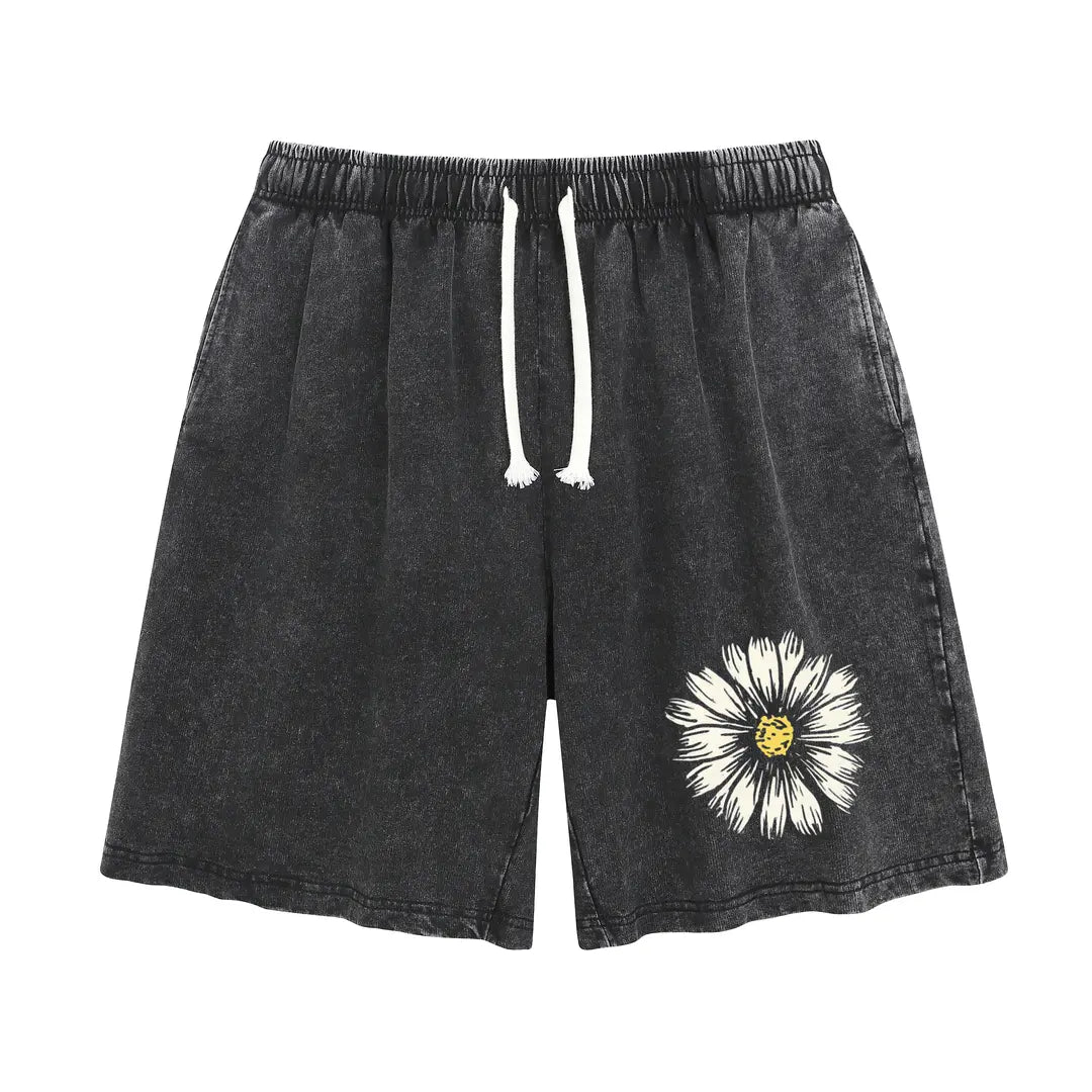Holafish Summer Vintage Printed Acid Wash Sweat Shorts, Unisex Casual Streetwear Bottoms with Drawstring and Convenient Pockets Baggy Comfy