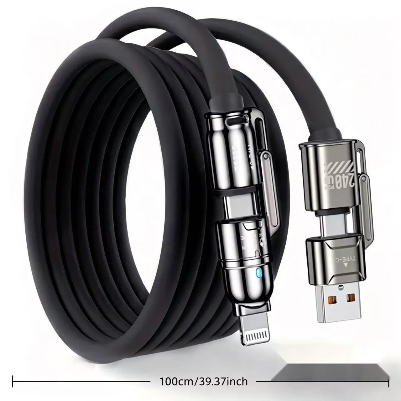 240W 4-In-1 Fast Charging Cable - USB-A, Type-C, Lightning Interfaces, 480Mbps Data Transfer, Liquid Silicone, Zinc Alloy Connector, 99% Compatibility for Electronic Devices (Iphone, Android, Laptops)