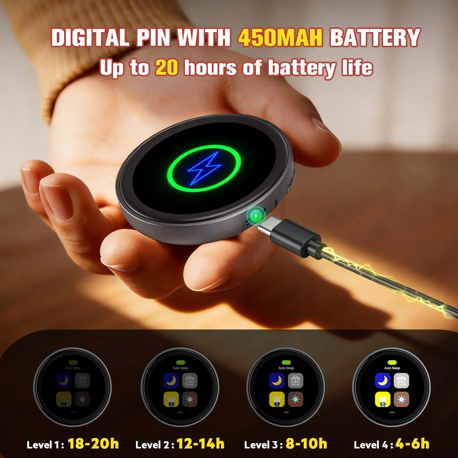 Digital Anime Badge, 1.85-Inch Retina HD Touchscreen, 360×360 Resolution, Peer-To-Peer Wireless Sharing, Customizable Gif/Video Display, Electronic Pin for Anime Conventions, Concerts, Sports Games, Holiday Gifts