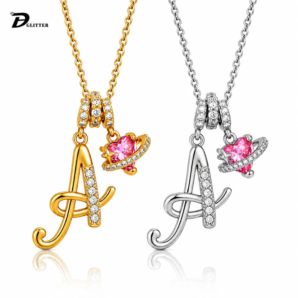 DH Initial Heart Necklace for Women Pink Cubic Pendant Letter Diamond Plated Fashion Jewelry Gift for Holiday Christmas Birthdays Anniversaries Elegant Design High Sense Aesthetic