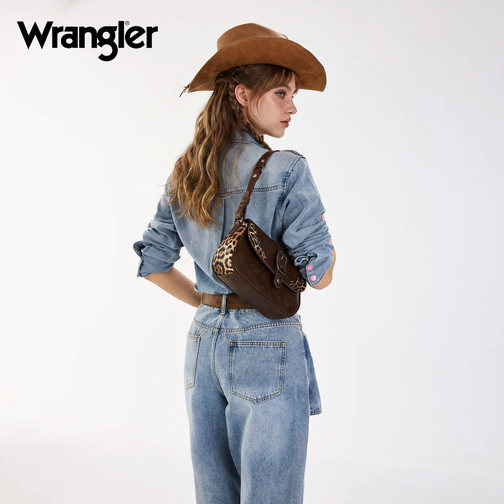 Wrangler Shoulder Bag for Women Leopard Hobo Purse Underarm Handbag with Buckle, Studs & Crossbody Strap