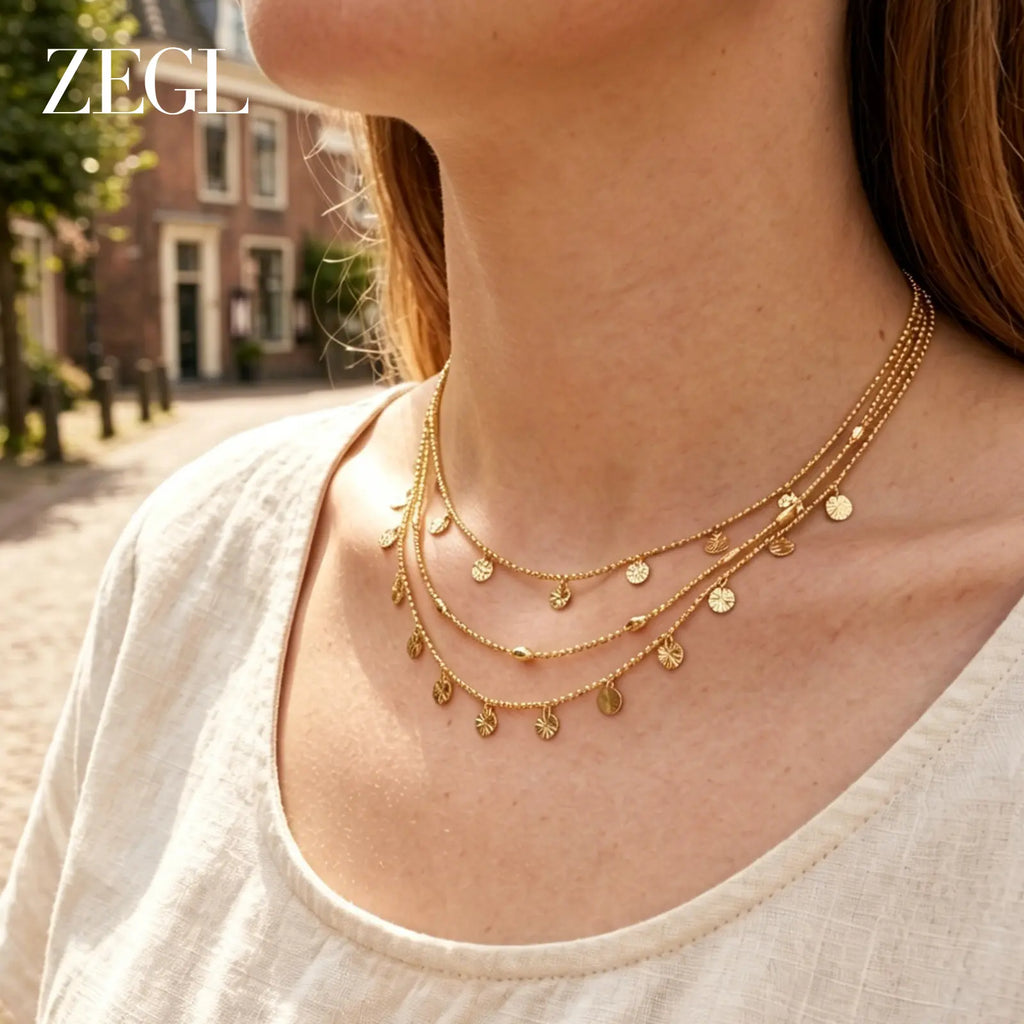 ZEGL 14K Gold Layering Bracelet & Necklace Set (Women'S) — Gold-Plated Textured Chain with Micro-Set Crystal Pendant; a Lucky Talisman and Stylish Gift for 2026 Trends