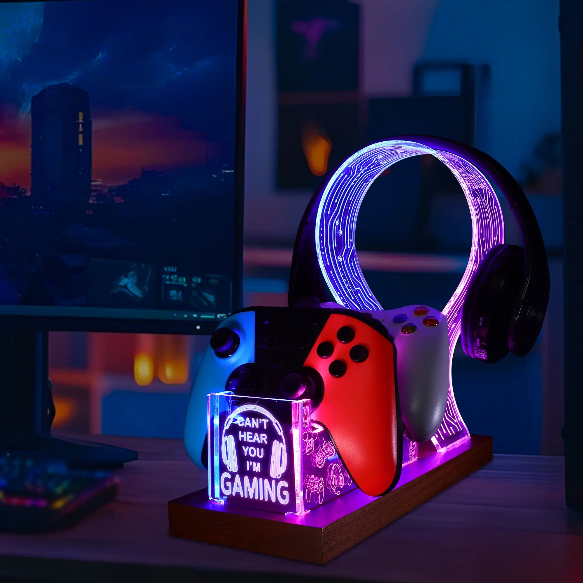 LED Gaming Headphone Stand with Controller Holder, “Can’T Hear You I’M Gaming” Headset Stand, RGB Desk Decor, Gaming Accessories, Gifts for Gamers, Him Her, Birthday Christmas Gift