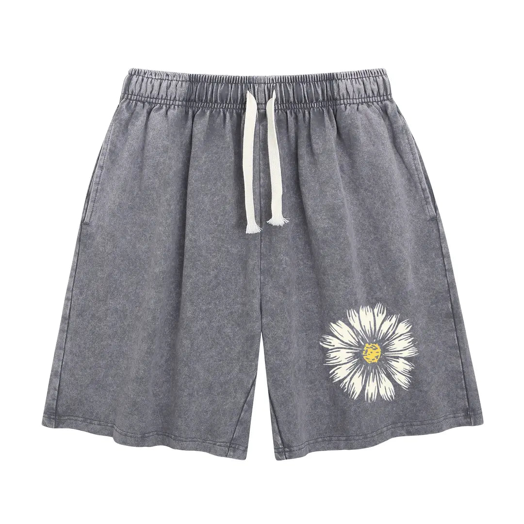 Holafish Summer Vintage Printed Acid Wash Sweat Shorts, Unisex Casual Streetwear Bottoms with Drawstring and Convenient Pockets Baggy Comfy