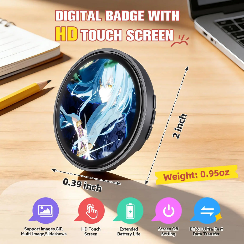 Digital Anime Badge, 1.85-Inch Retina HD Touchscreen, 360×360 Resolution, Peer-To-Peer Wireless Sharing, Customizable Gif/Video Display, Electronic Pin for Anime Conventions, Concerts, Sports Games, Holiday Gifts