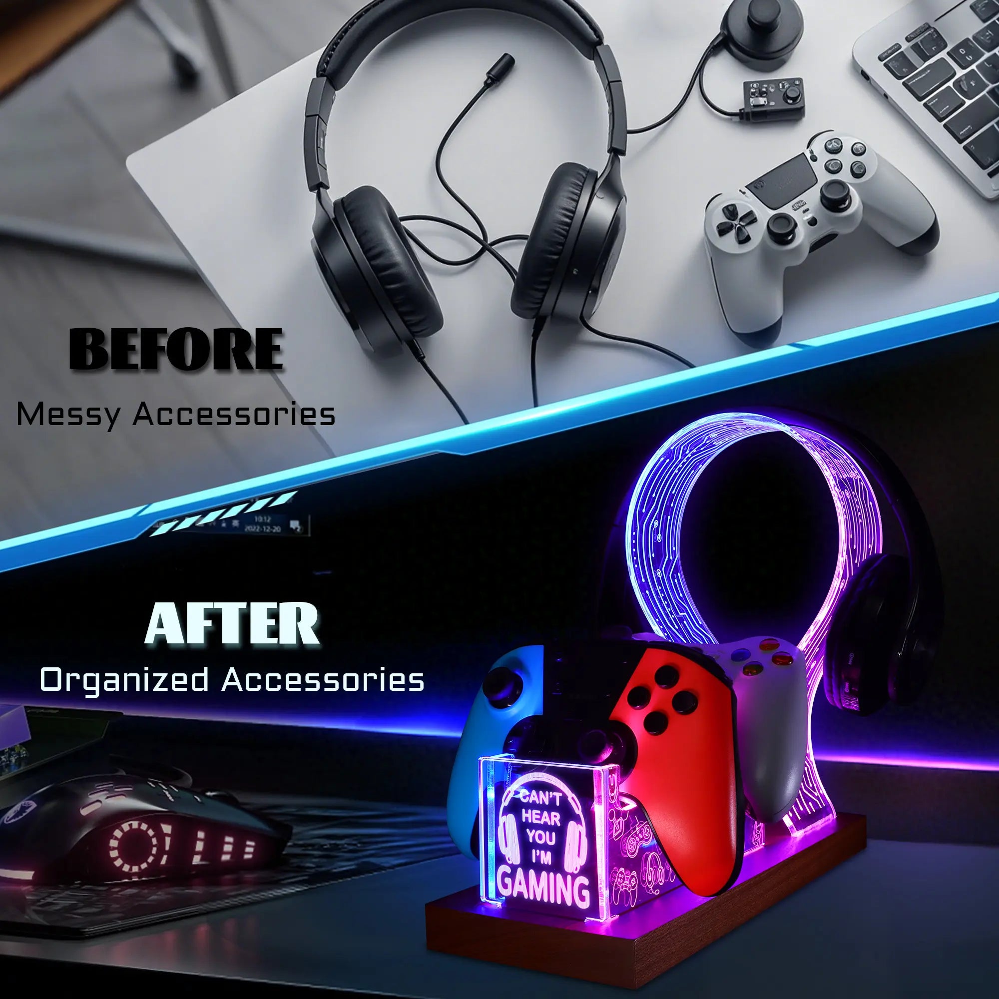LED Gaming Headphone Stand with Controller Holder, “Can’T Hear You I’M Gaming” Headset Stand, RGB Desk Decor, Gaming Accessories, Gifts for Gamers, Him Her, Birthday Christmas Gift