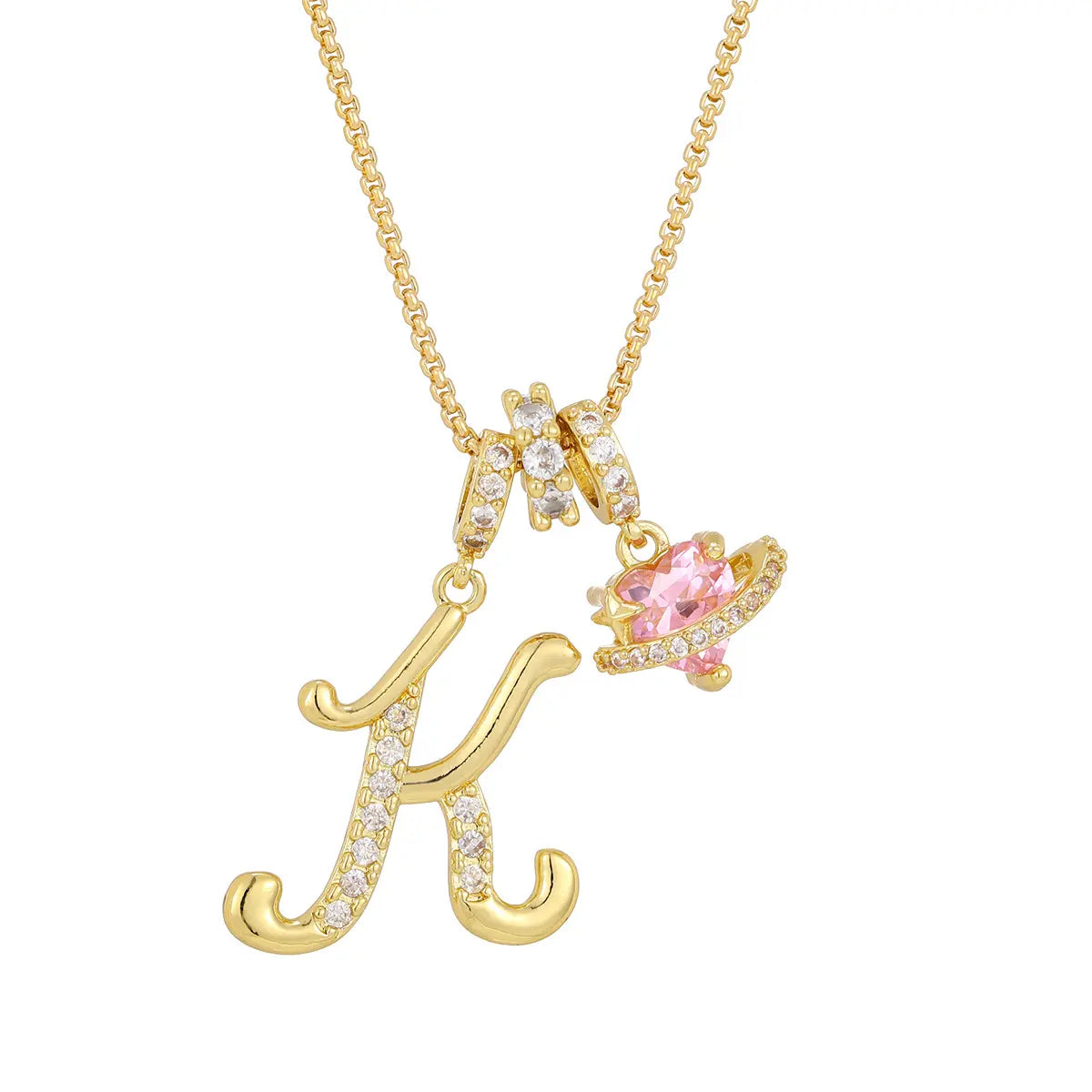 DH Initial Heart Necklace for Women Pink Cubic Pendant Letter Diamond Plated Fashion Jewelry Gift for Holiday Christmas Birthdays Anniversaries Elegant Design High Sense Aesthetic