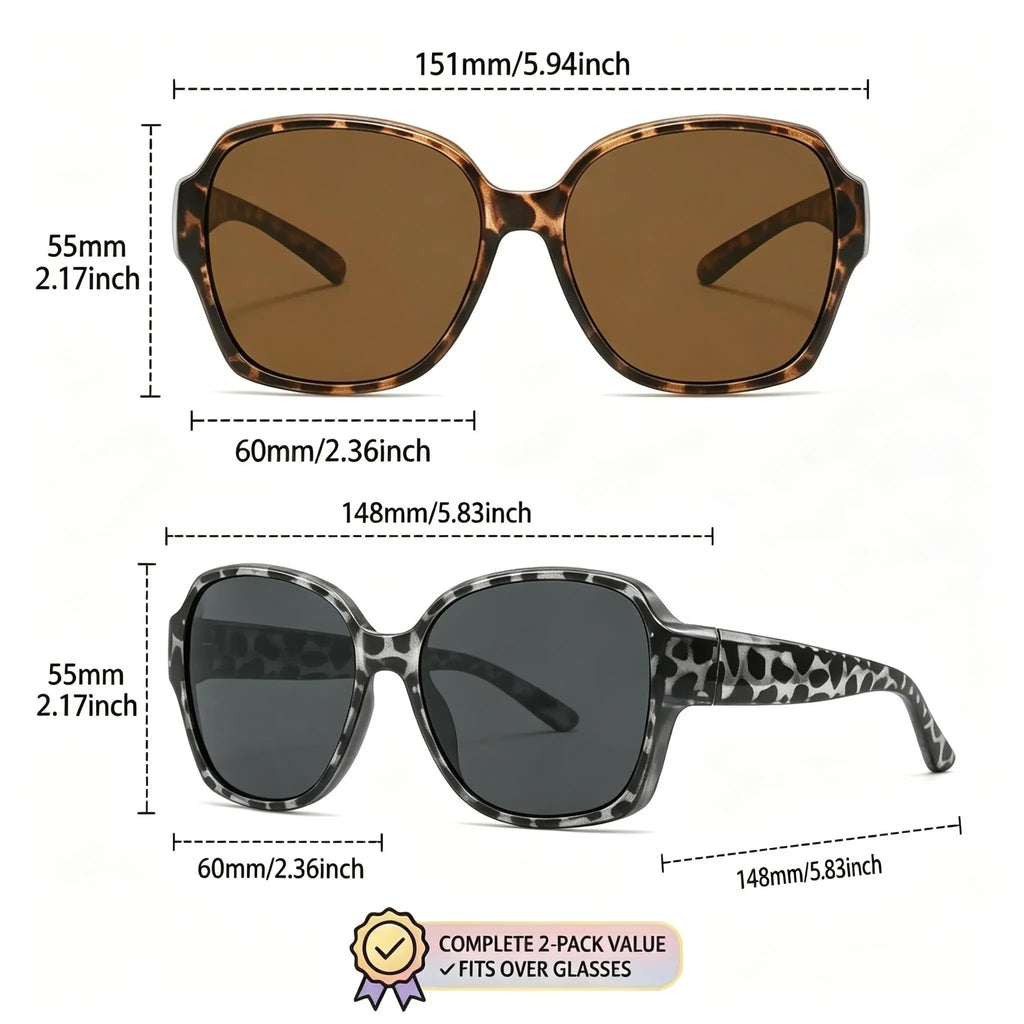 Retro Over-Glasses Sunglasses 2 Pack, Oversized Fit-Over Shades for Men Women, Wear Alone or over Prescription Glasses, Driving & Travel