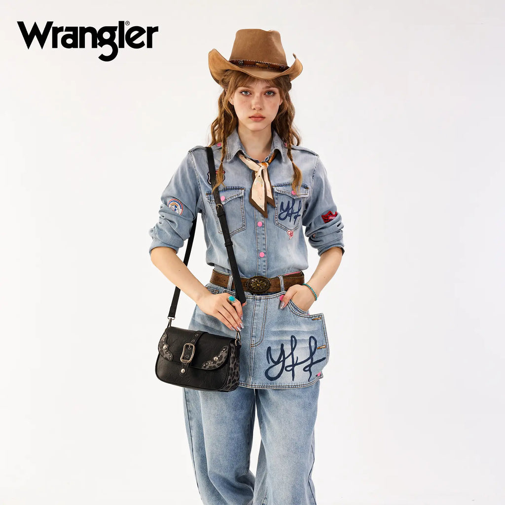Wrangler Shoulder Bag for Women Leopard Hobo Purse Underarm Handbag with Buckle, Studs & Crossbody Strap