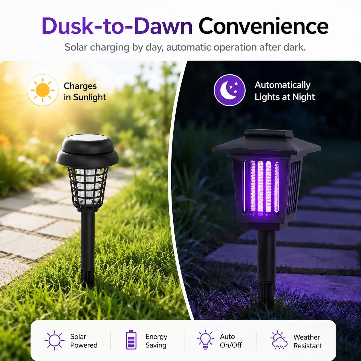 Solar Mosquito Zapper Light – Outdoor Garden Stake Lamp, UV Insect Killer, Solar Powered, Dual Mode (Mosquito Control + Pathway Lighting), Weather Resistant, Easy Setup, Small & Large round + Square Options