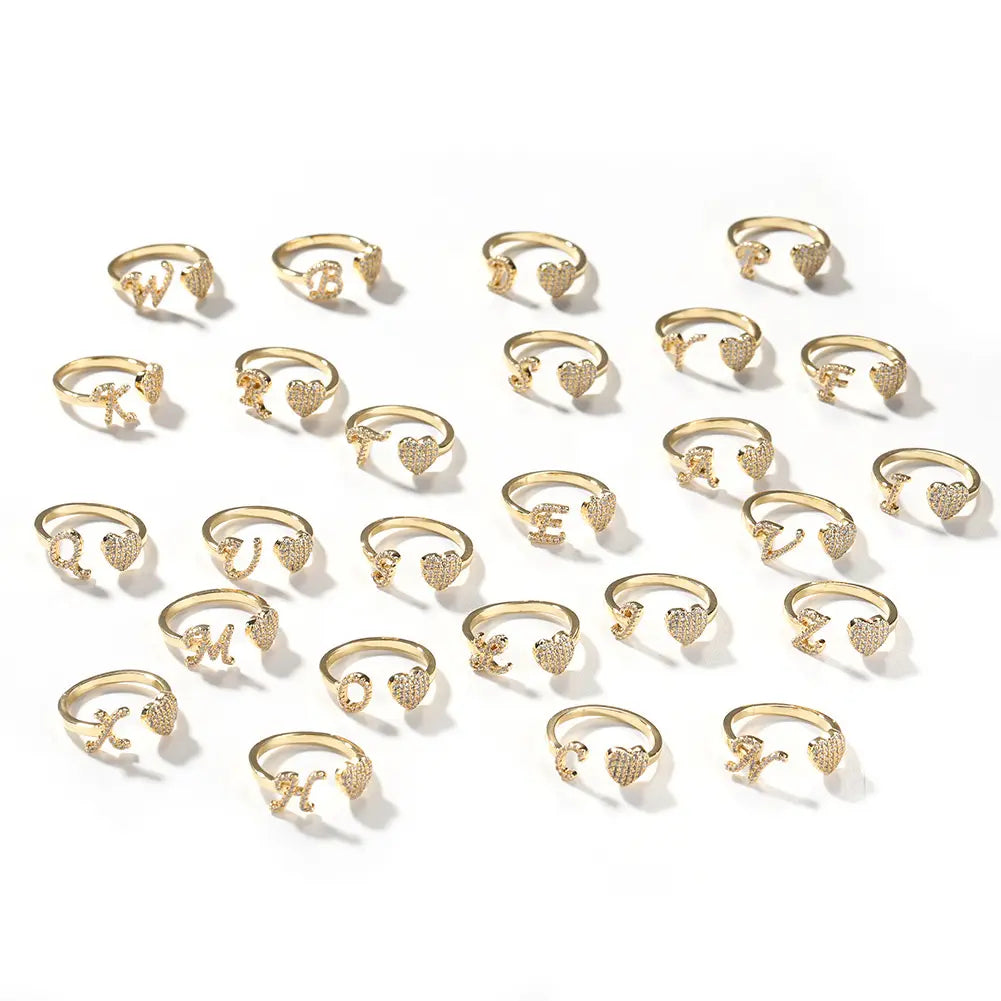 Initial Rings for Women Girls - Adjustable Letter A-Z Initial Ring Dainty Heart Zirconia Rings for Women Teen Girl Gifts