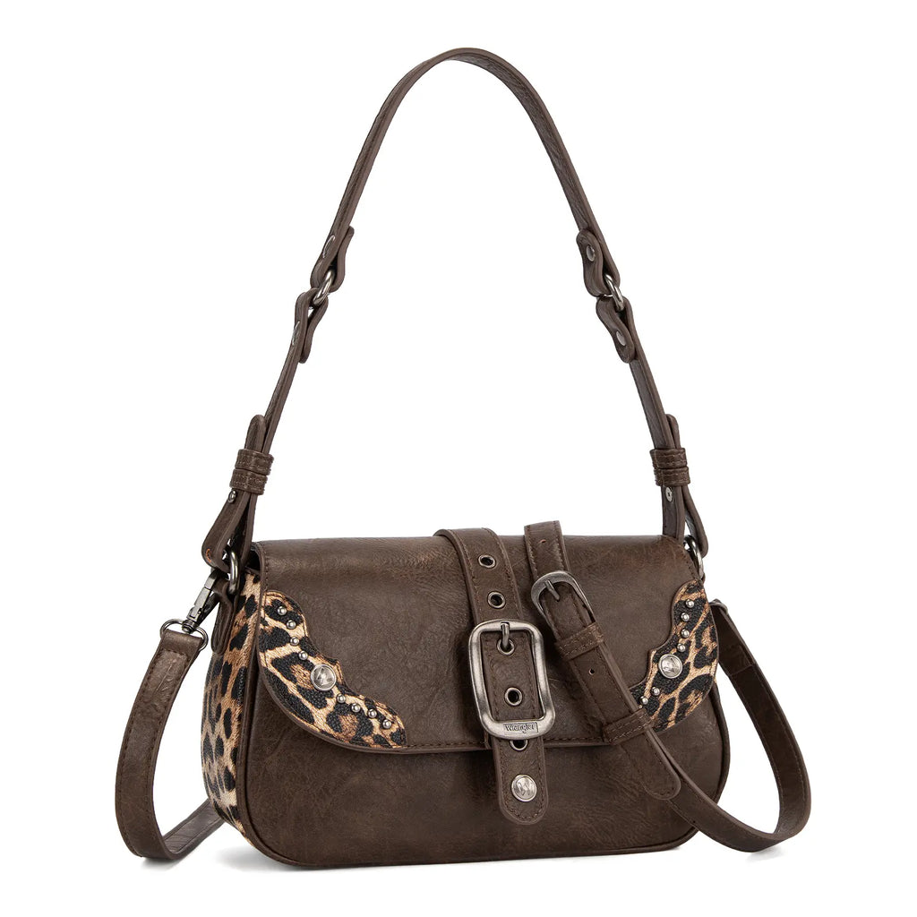 Wrangler Shoulder Bag for Women Leopard Hobo Purse Underarm Handbag with Buckle, Studs & Crossbody Strap