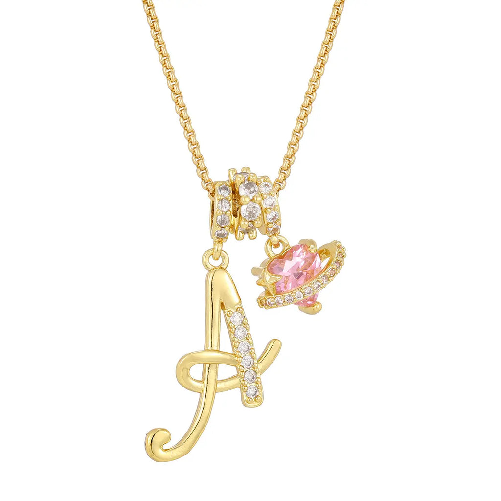 DH Initial Heart Necklace for Women Pink Cubic Pendant Letter Diamond Plated Fashion Jewelry Gift for Holiday Christmas Birthdays Anniversaries Elegant Design High Sense Aesthetic