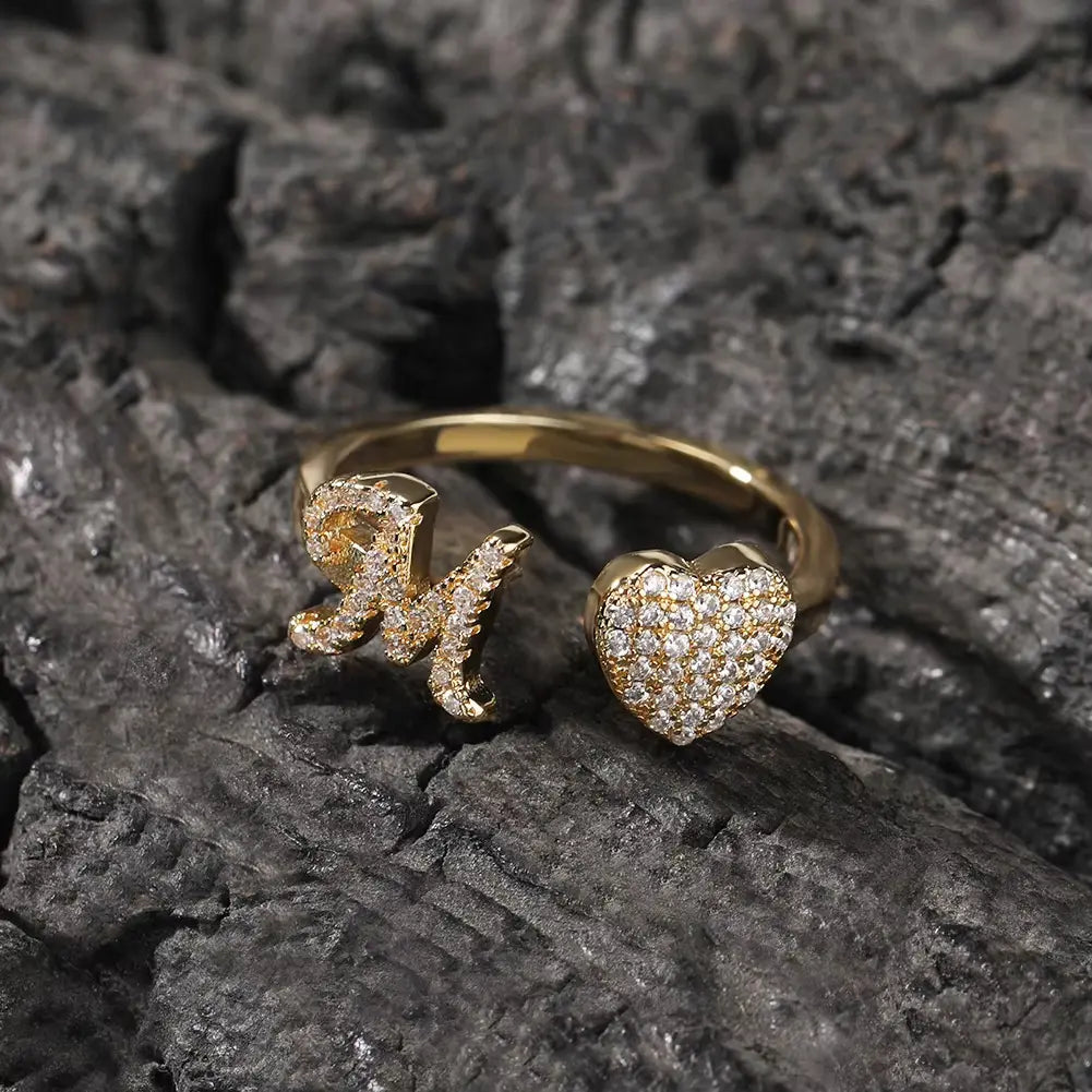 Initial Rings for Women Girls - Adjustable Letter A-Z Initial Ring Dainty Heart Zirconia Rings for Women Teen Girl Gifts