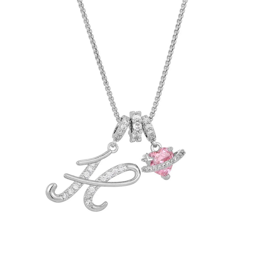 DH Initial Heart Necklace for Women Pink Cubic Pendant Letter Diamond Plated Fashion Jewelry Gift for Holiday Christmas Birthdays Anniversaries Elegant Design High Sense Aesthetic