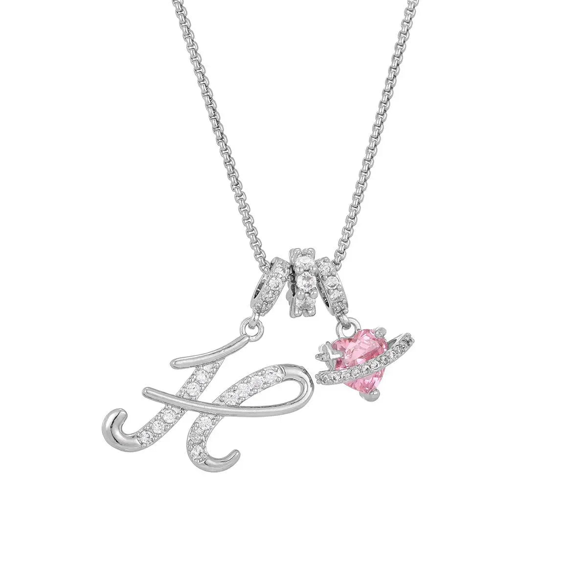 DH Initial Heart Necklace for Women Pink Cubic Pendant Letter Diamond Plated Fashion Jewelry Gift for Holiday Christmas Birthdays Anniversaries Elegant Design High Sense Aesthetic