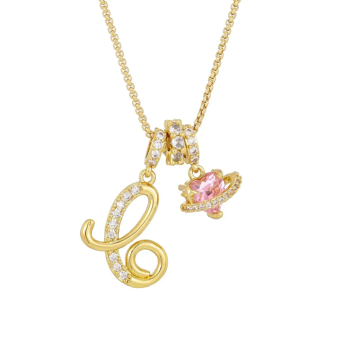 DH Initial Heart Necklace for Women Pink Cubic Pendant Letter Diamond Plated Fashion Jewelry Gift for Holiday Christmas Birthdays Anniversaries Elegant Design High Sense Aesthetic