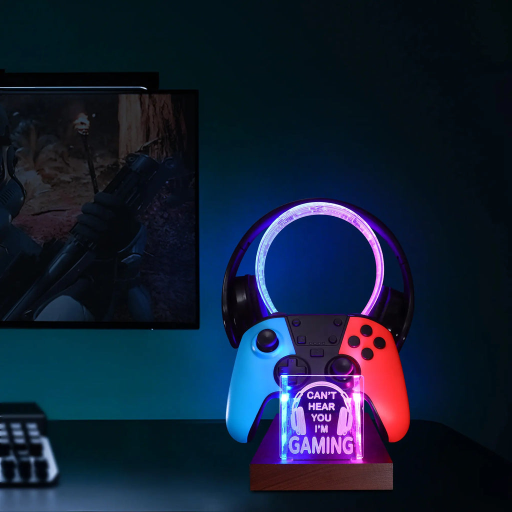 LED Gaming Headphone Stand with Controller Holder, “Can’T Hear You I’M Gaming” Headset Stand, RGB Desk Decor, Gaming Accessories, Gifts for Gamers, Him Her, Birthday Christmas Gift