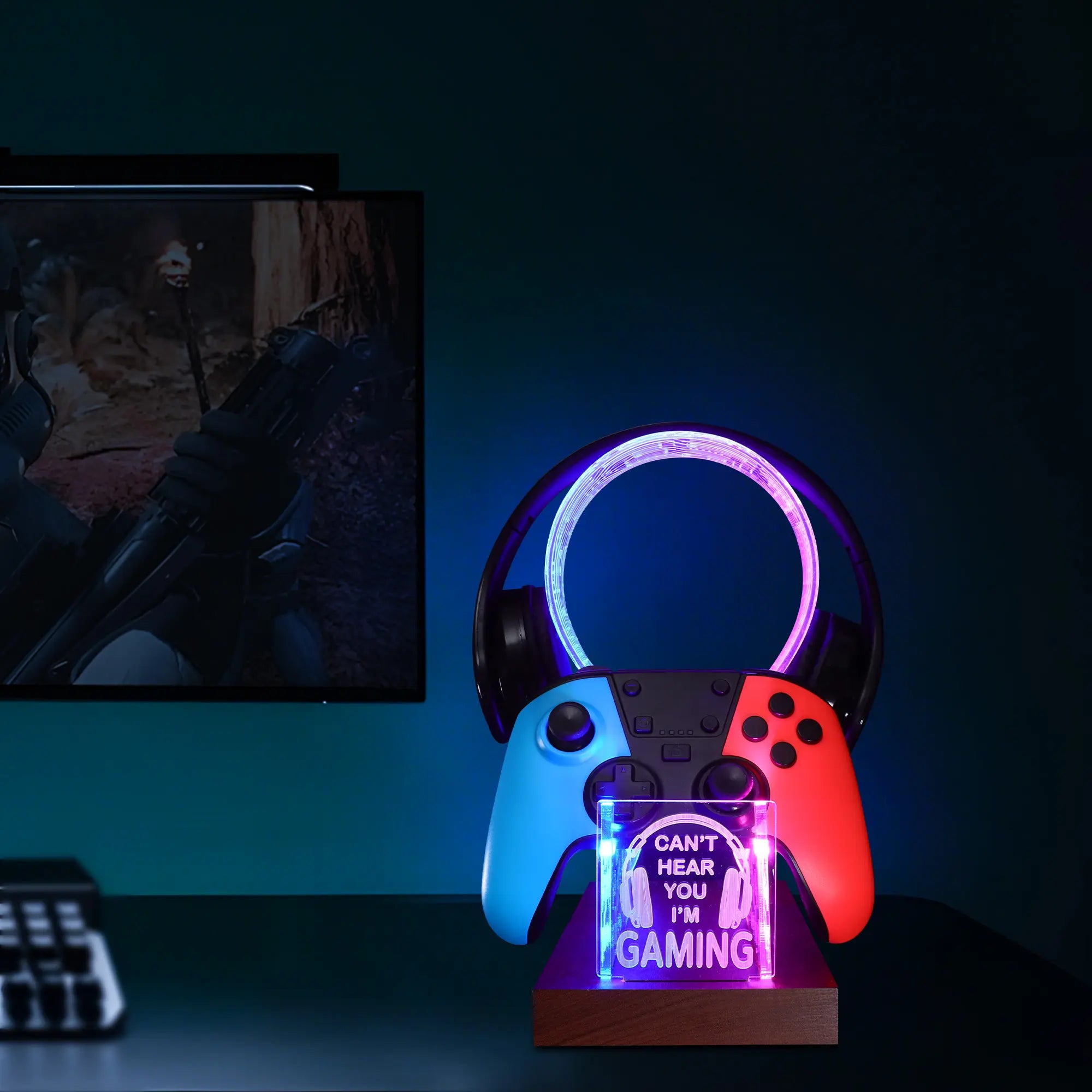 LED Gaming Headphone Stand with Controller Holder, “Can’T Hear You I’M Gaming” Headset Stand, RGB Desk Decor, Gaming Accessories, Gifts for Gamers, Him Her, Birthday Christmas Gift