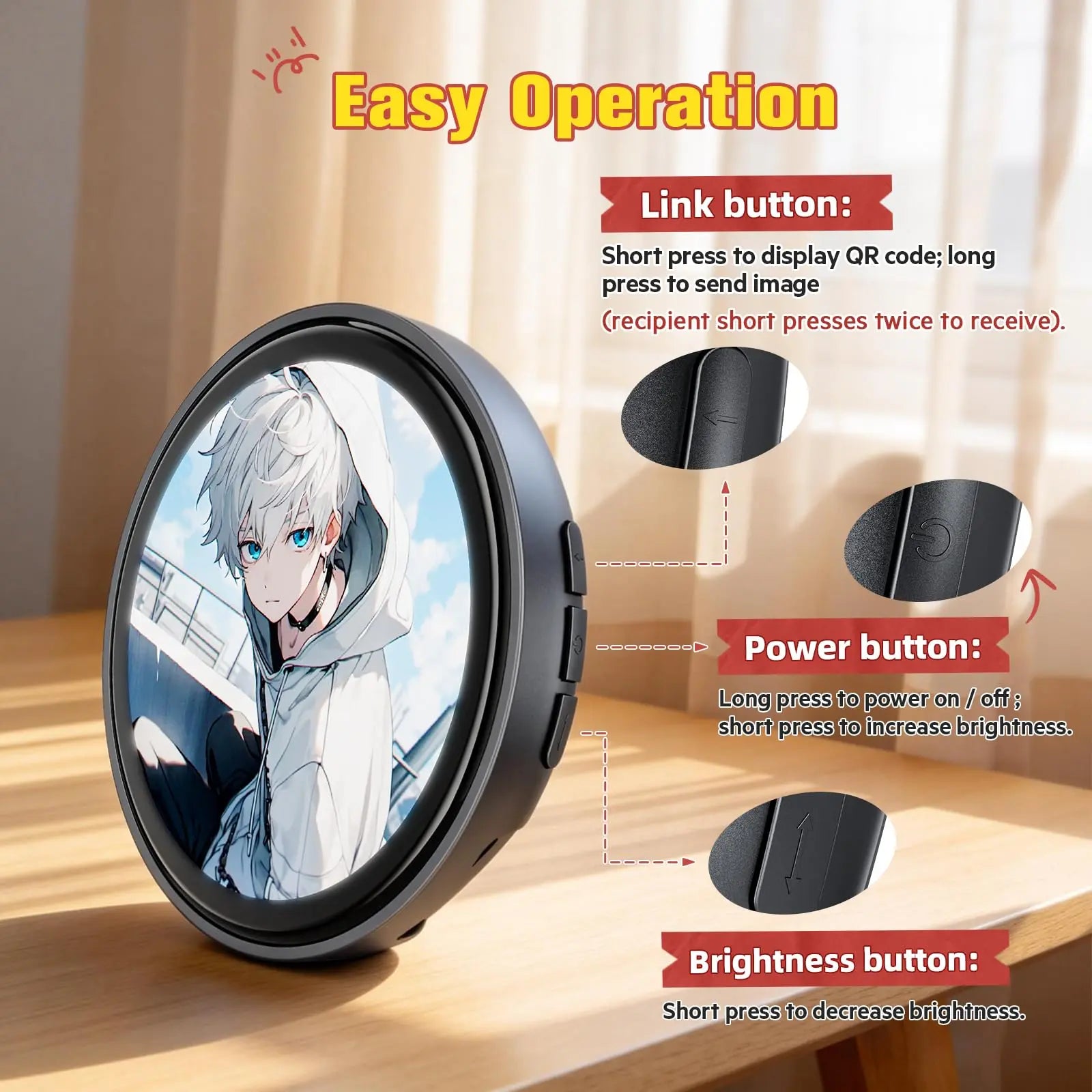 Digital Anime Badge, 1.85-Inch Retina HD Touchscreen, 360×360 Resolution, Peer-To-Peer Wireless Sharing, Customizable Gif/Video Display, Electronic Pin for Anime Conventions, Concerts, Sports Games, Holiday Gifts
