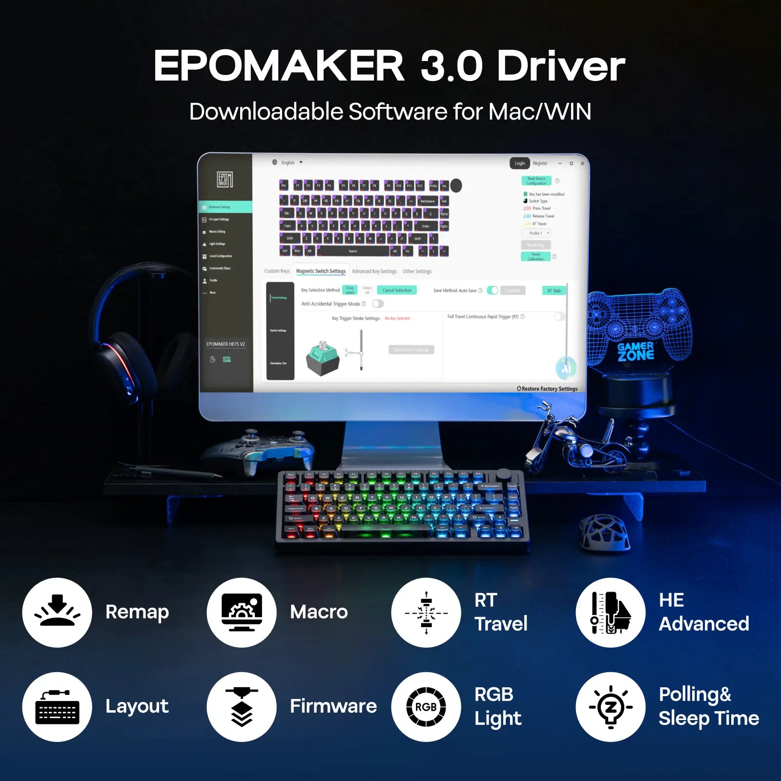 EPOMAKER HE75 V2 Hall Effect Gaming Keyboard, 8K Polling & 0.1Ms, 8000Mah & 2.4Ghz/Bt, Hot Swap Key & Knob, 0.005Mm Adjustable Actuation, Rapid Triggering, Creamy & Thocky