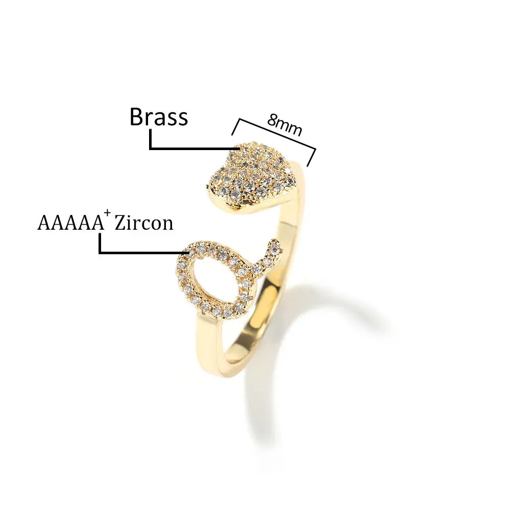 Initial Rings for Women Girls - Adjustable Letter A-Z Initial Ring Dainty Heart Zirconia Rings for Women Teen Girl Gifts