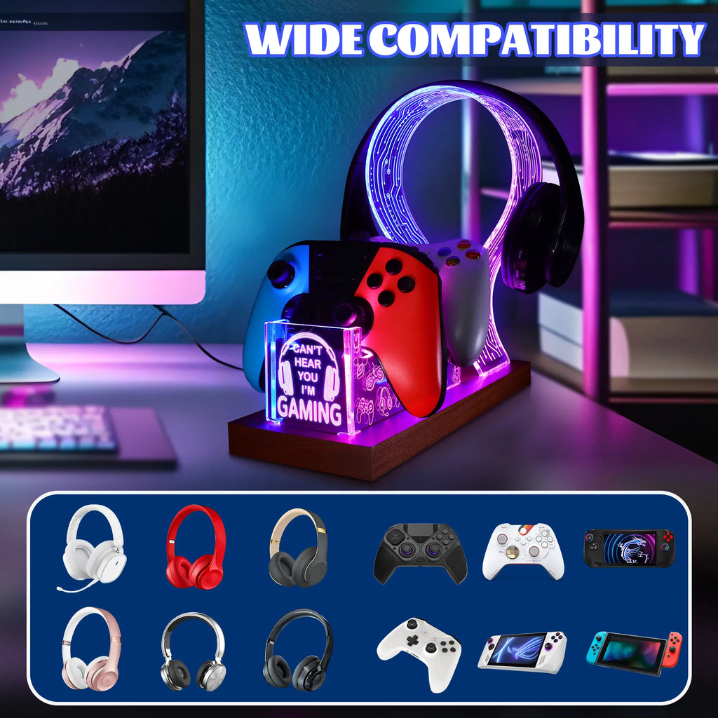 LED Gaming Headphone Stand with Controller Holder, “Can’T Hear You I’M Gaming” Headset Stand, RGB Desk Decor, Gaming Accessories, Gifts for Gamers, Him Her, Birthday Christmas Gift